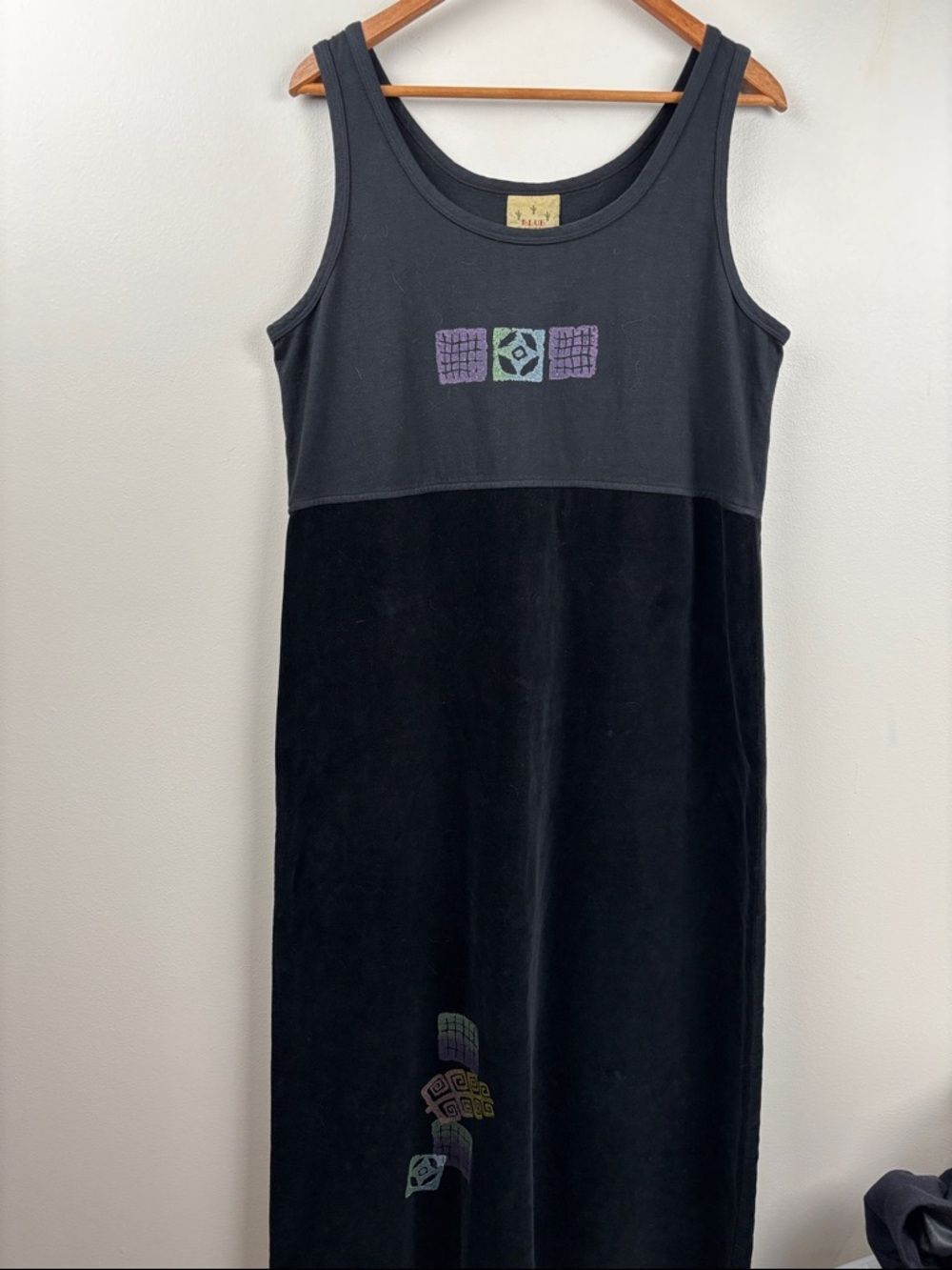 Blue Cactus - Black Maxi Dress Large Purple  Green Accents velvet sleeveless USA
